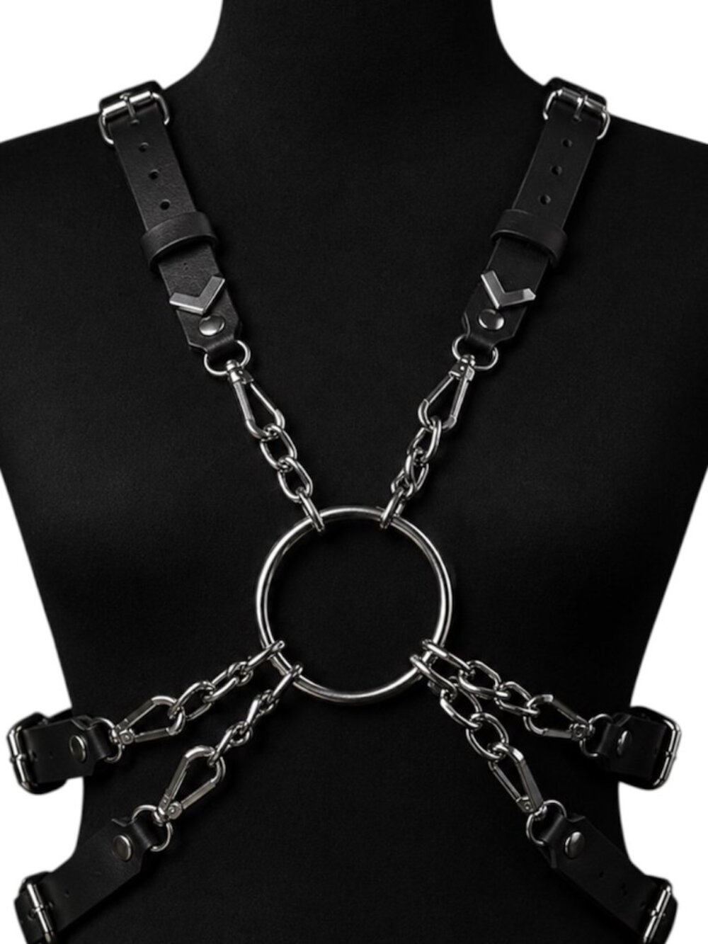 Women Gothic Punk Style Black PU Body Metal Large Ring Harness
